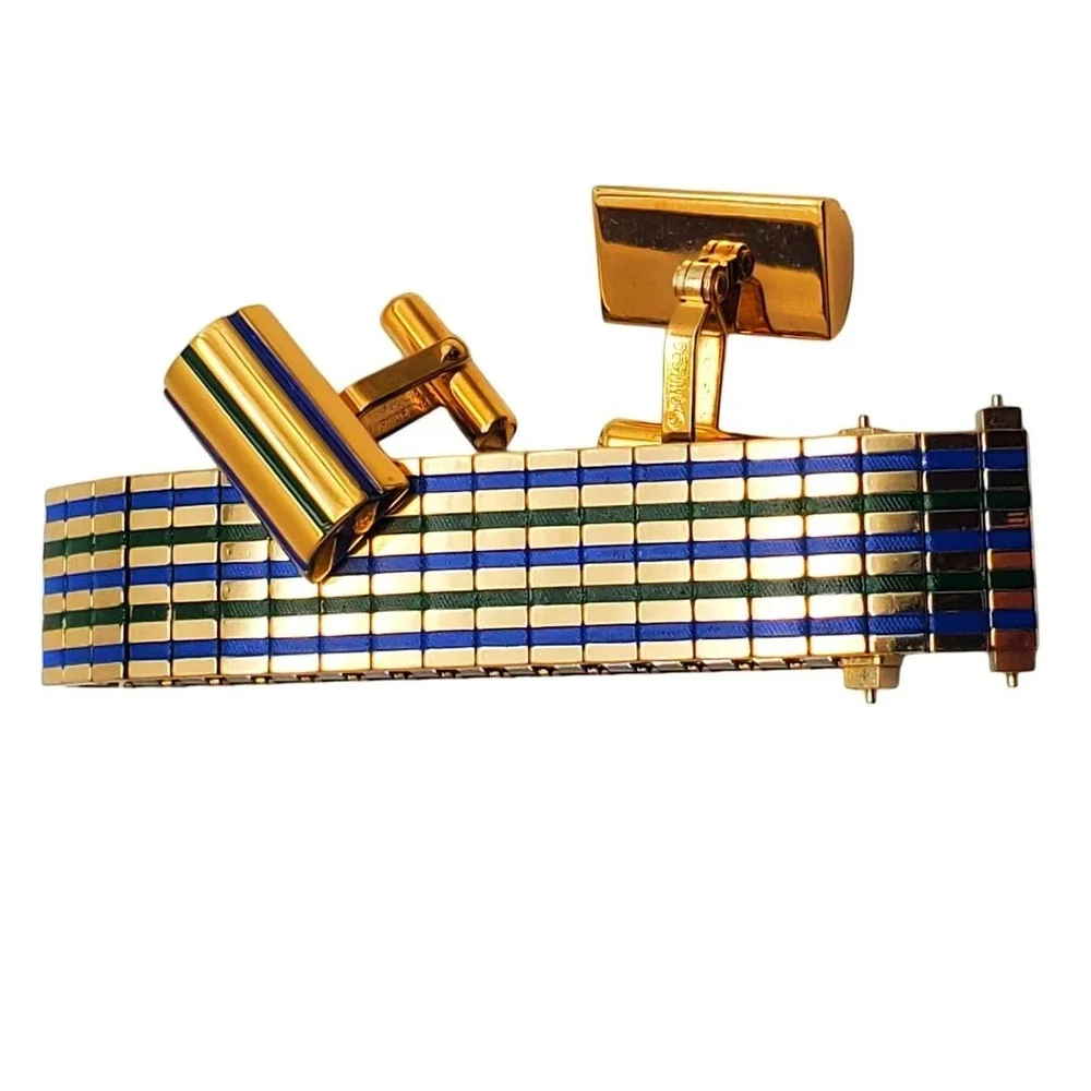 Destino Cufflinks Watch Band Blue Green Enamel Stripes 1/20 10K Gold Filled MCM